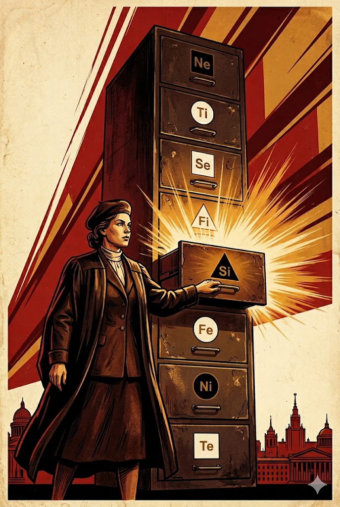 Soviet constructivist illustration of a scholar opening the filing cabinet of Model A