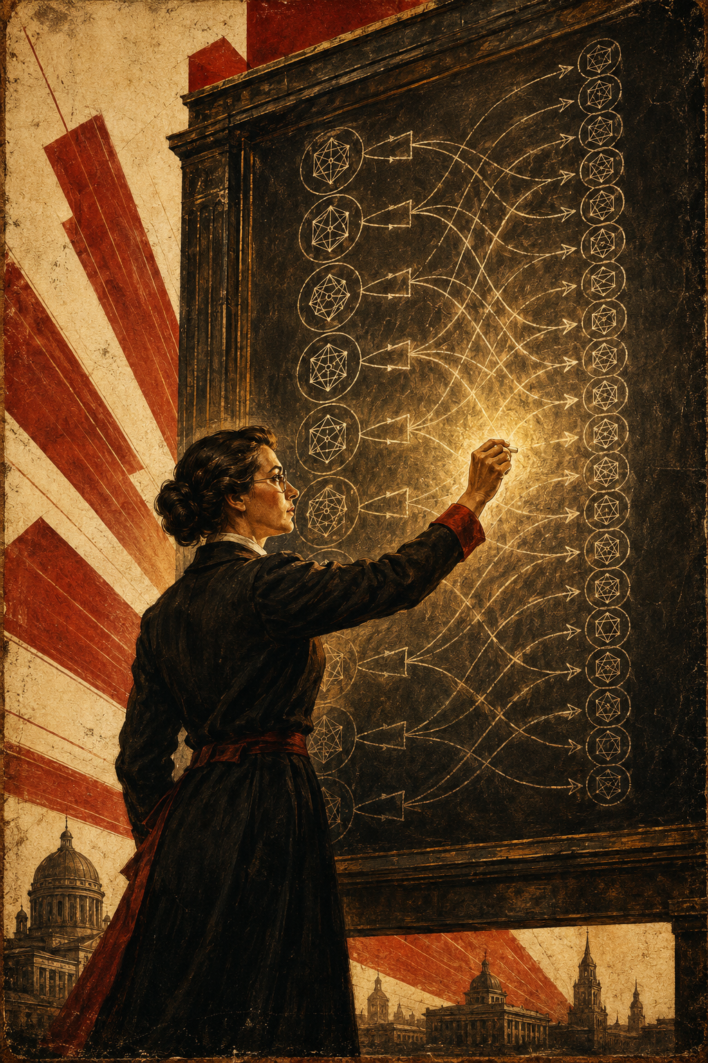 Soviet constructivist illustration of a scholar writing a derivation on a monumental blackboard, amber light radiating from the chalk point as eight elements split into sixteen