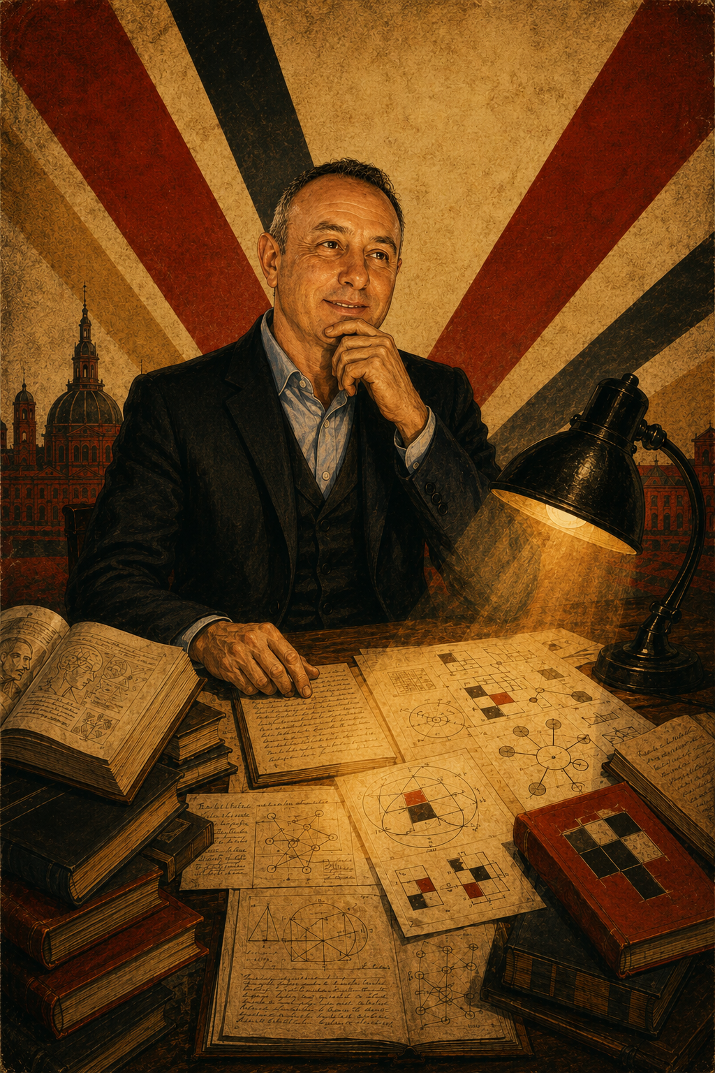 Portrait of the TetraTypes author at a desk covered with philosophical books and socionics diagrams, amber desk lamp illuminating the point of convergence