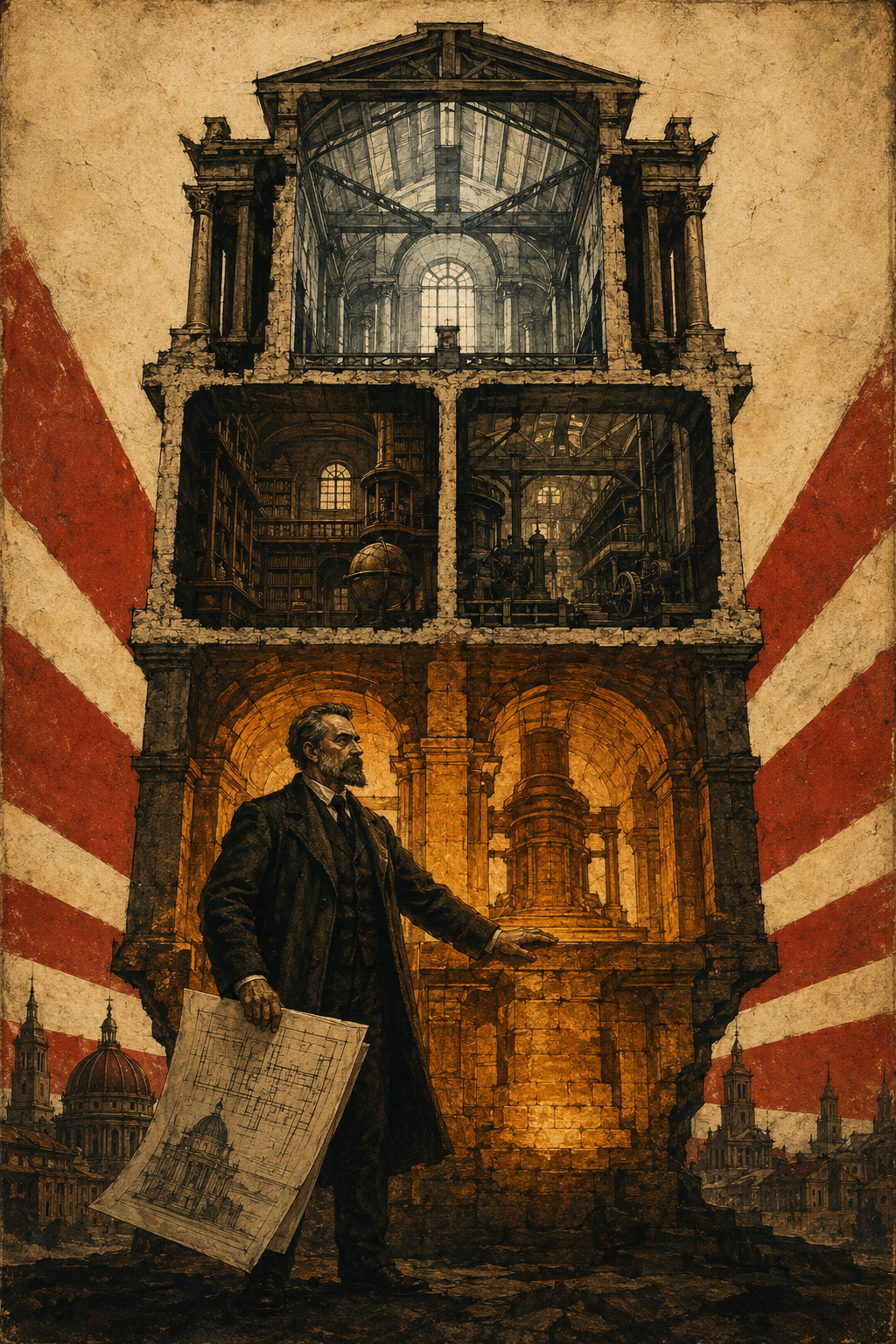 Soviet constructivist illustration of a scholar holding architectural blueprints before a monumental building cross-section, amber light glowing from the foundations