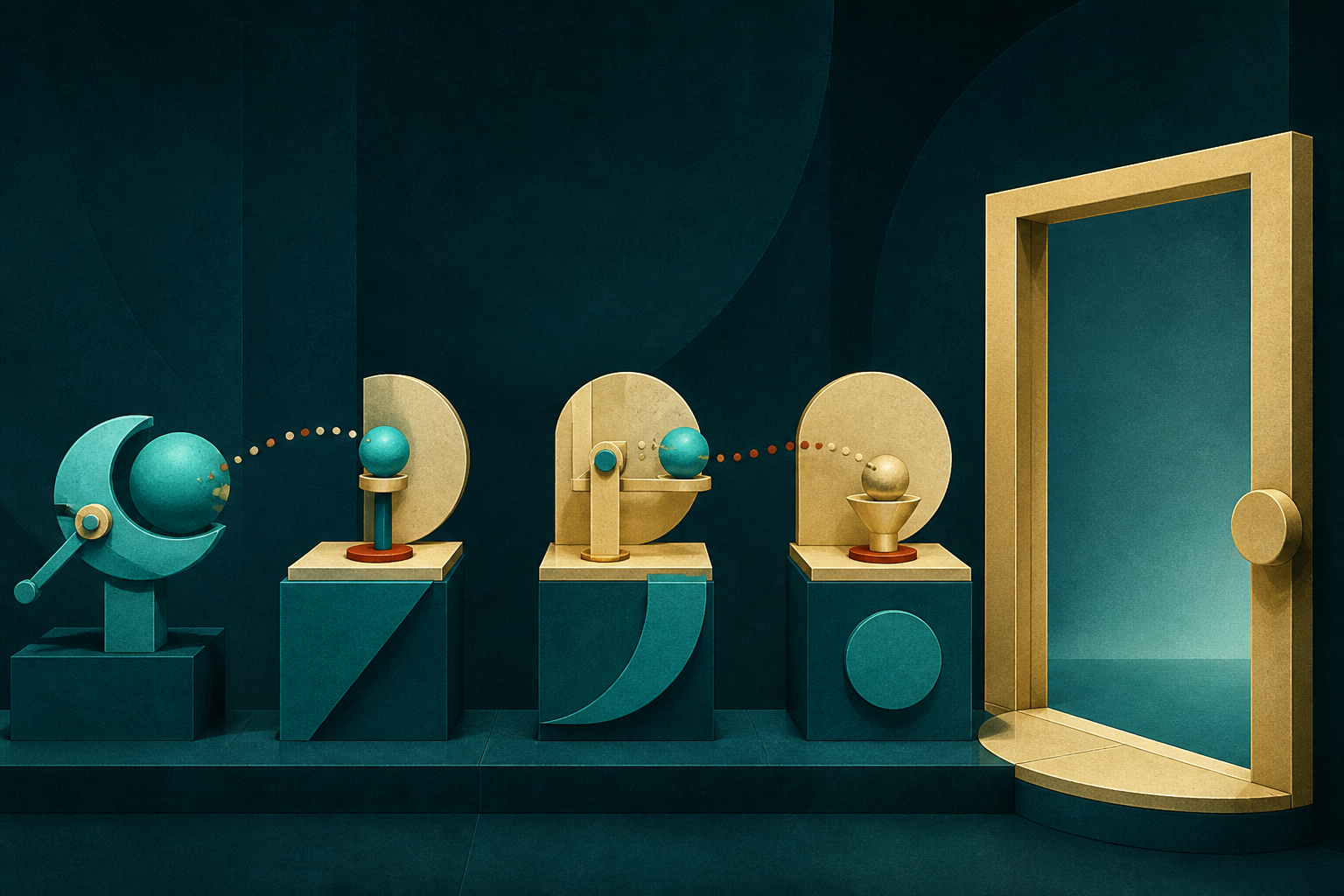 Cyan and cream-gold mechanisms carry a relay across three sculptural stations toward an open threshold