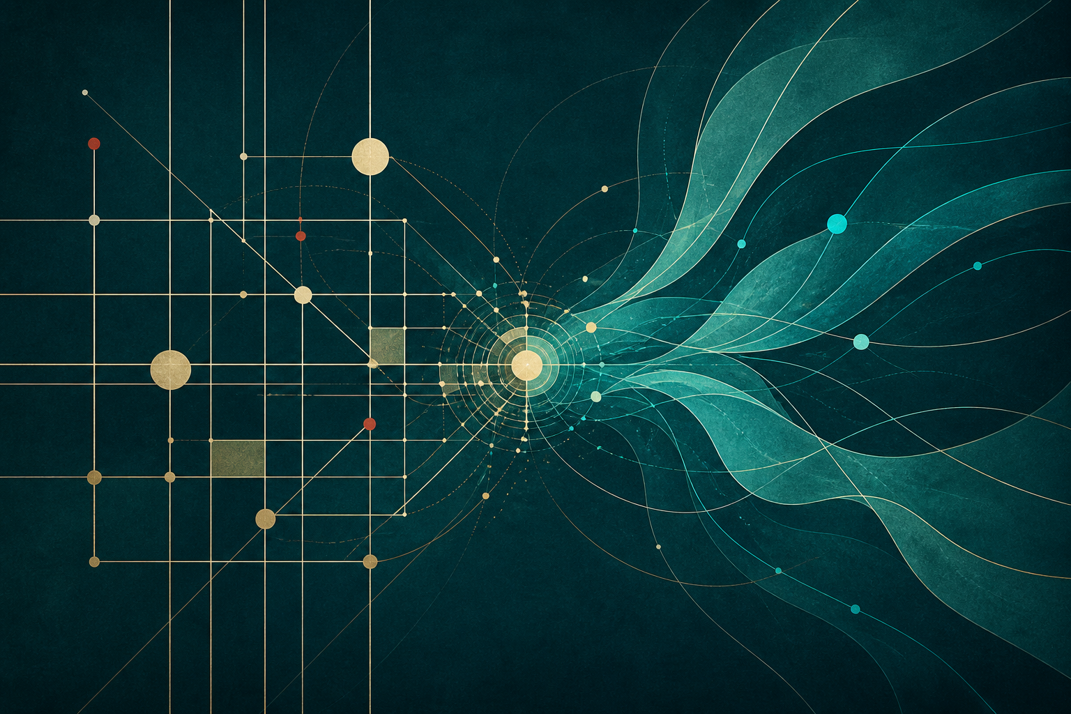 A cream-gold grid and a cyan flowing system converge at a luminous central hub on a dark teal field