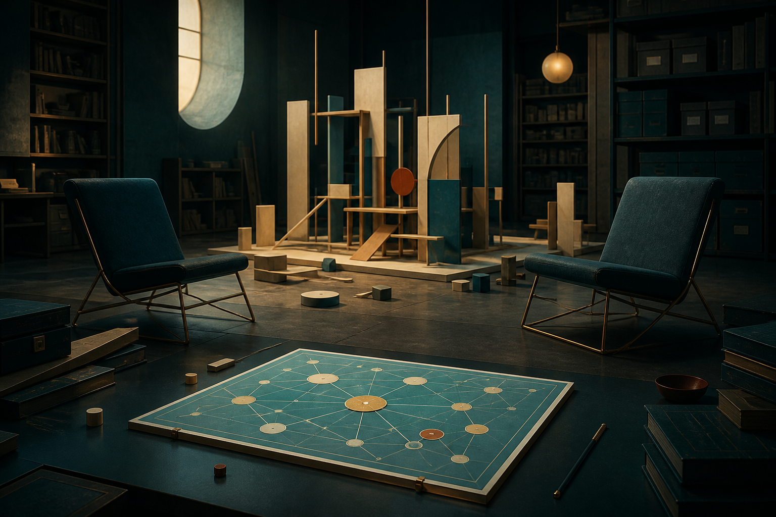 Two open chairs face an unfinished cream-gold and cyan construction in a dark teal archive room, with a small relation map in the foreground
