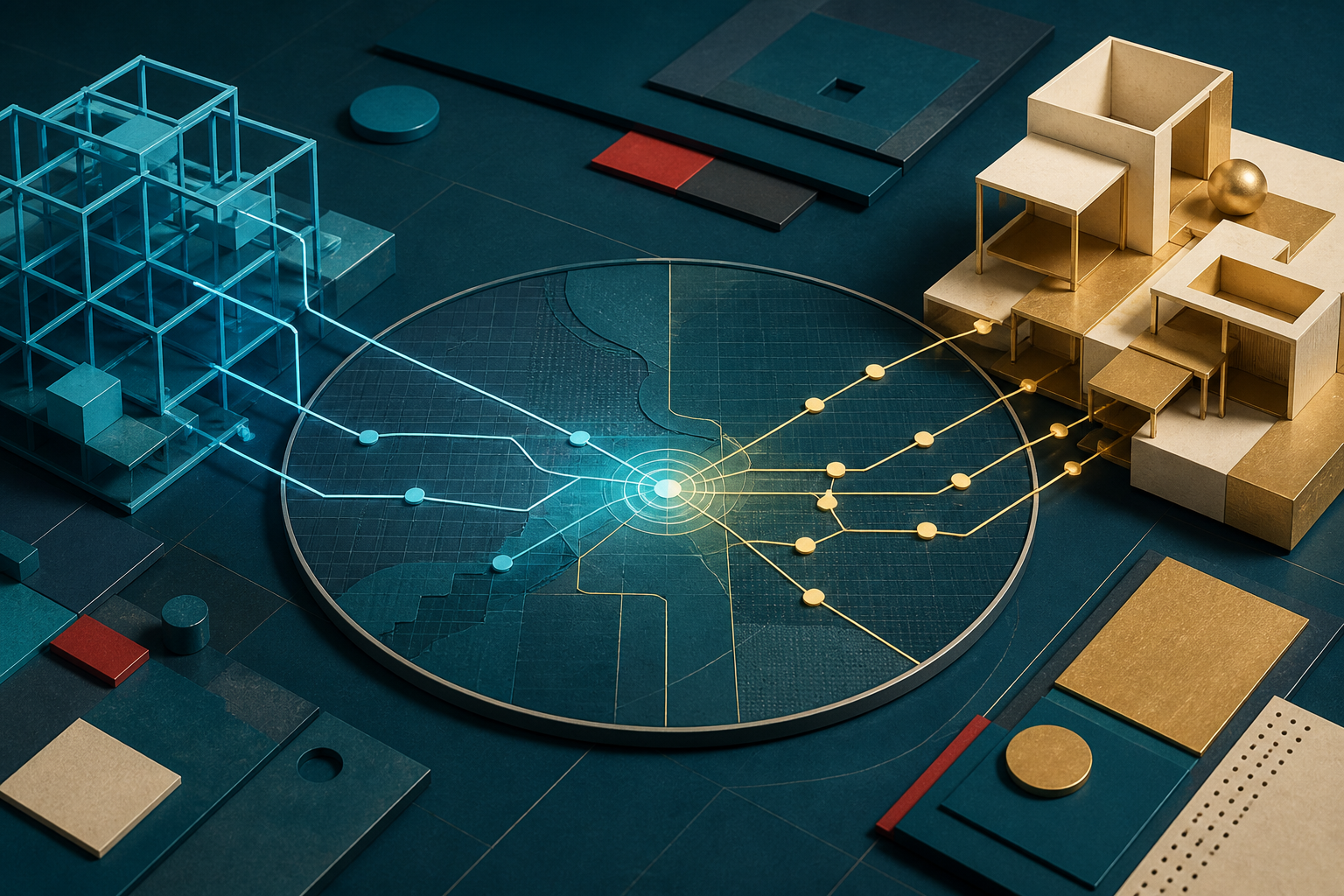 Cyan latticework and cream-gold modules connect across a shared circular work surface on a dark teal table