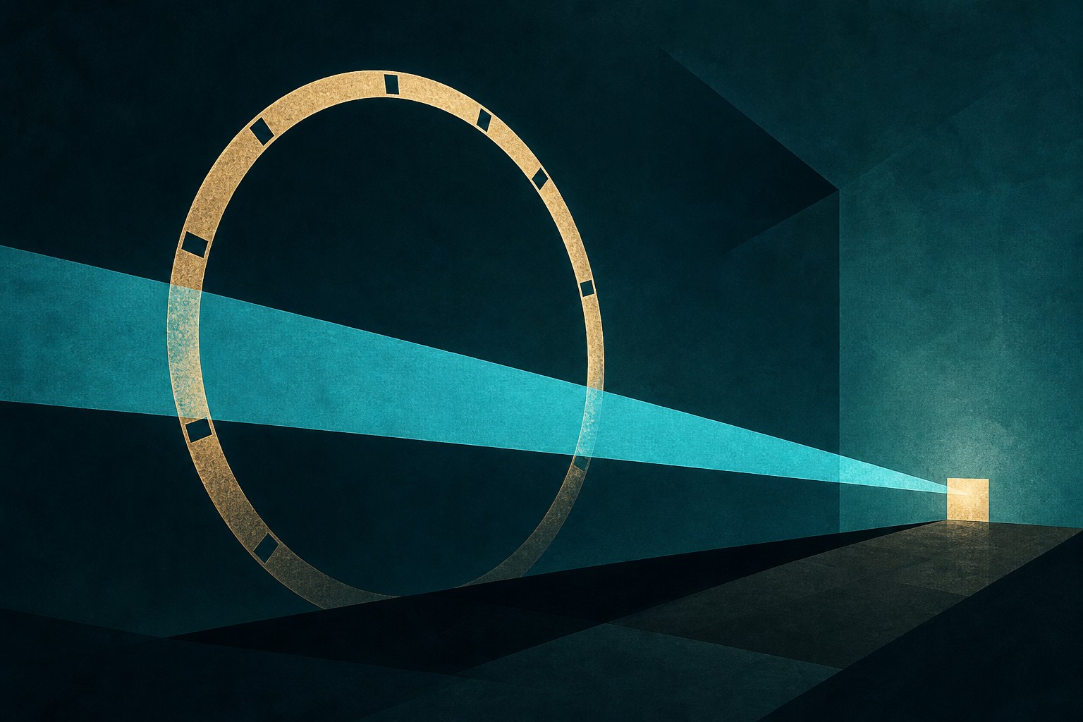 A cream-gold circular arc is crossed by a cyan beam that meets a small luminous square