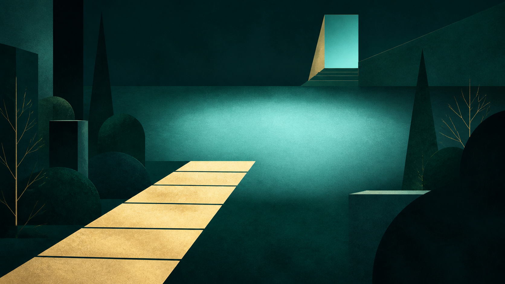 Cream-gold path toward a quiet cyan clearing in an abstract dark-teal garden