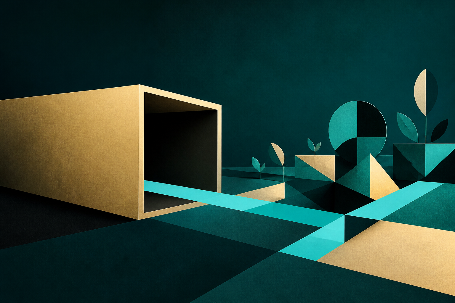 An open cream-gold enclosure leads through cyan paths into a small geometric garden