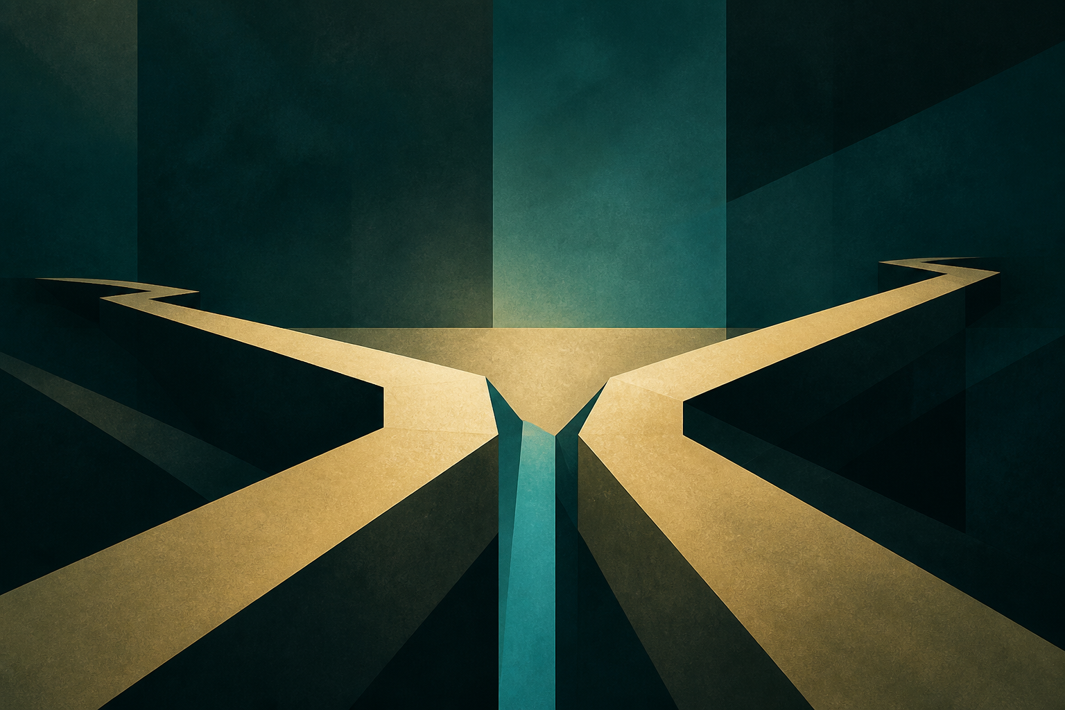 Two cream-gold paths approach but remain separated by a narrow cyan divide