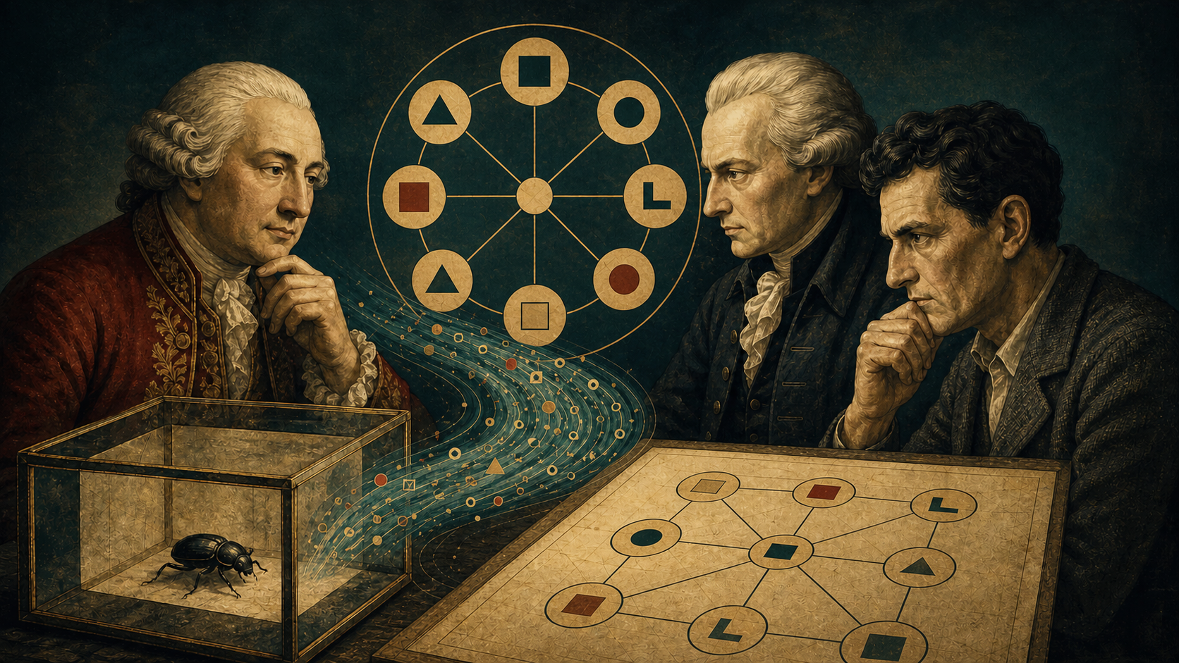 Hume, Kant, and Wittgenstein with a beetle, a stream, and a Socionics information map