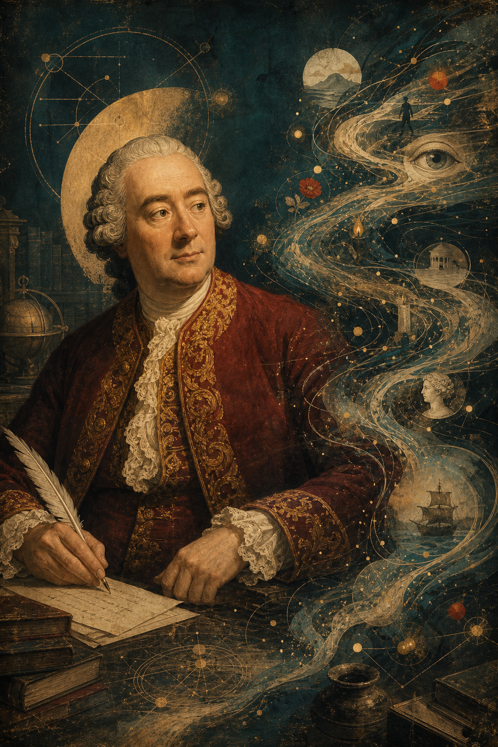 Stylized portrait of David Hume beside a stream of sensory impressions