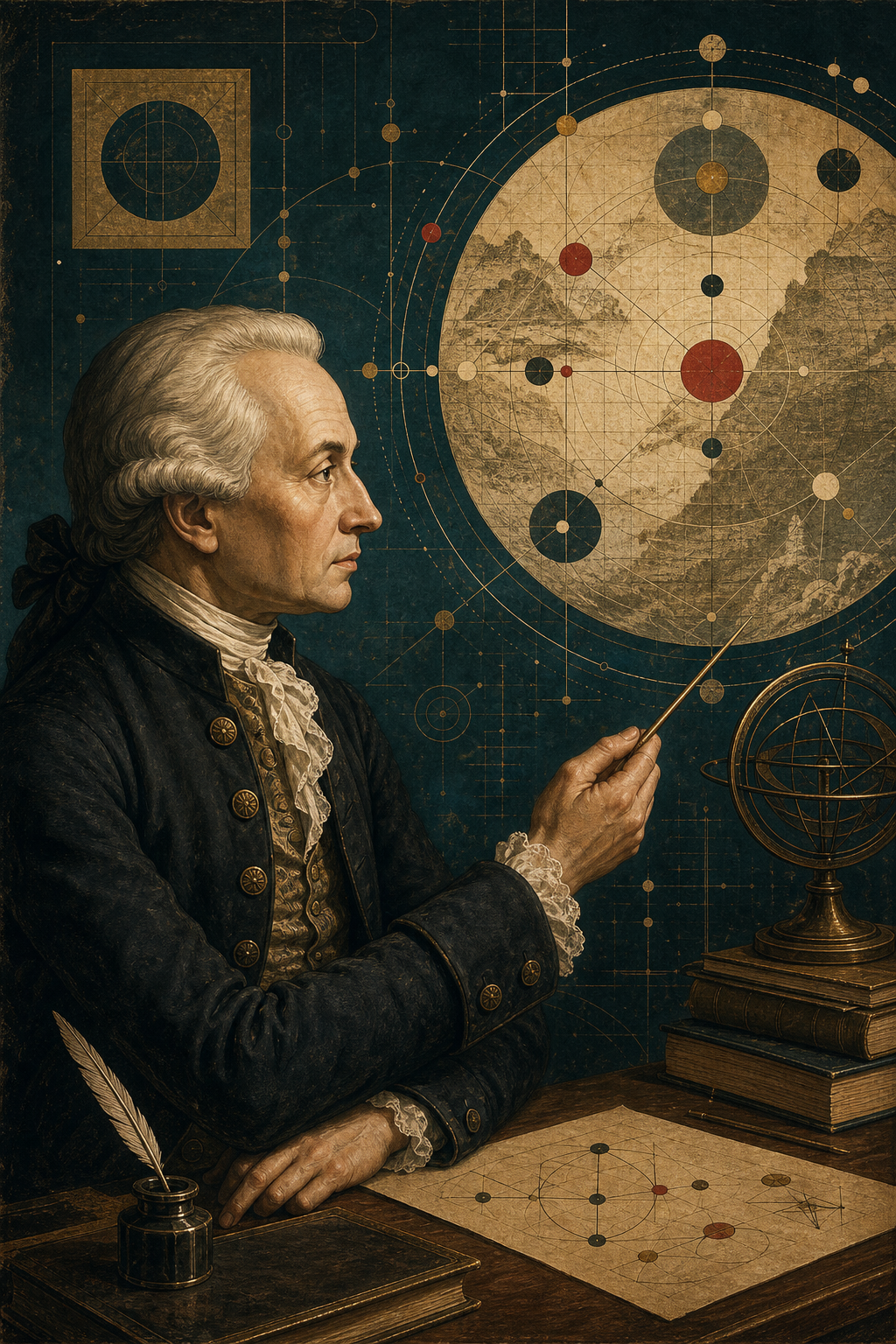 Stylized portrait of Immanuel Kant pointing toward a structured map of experience