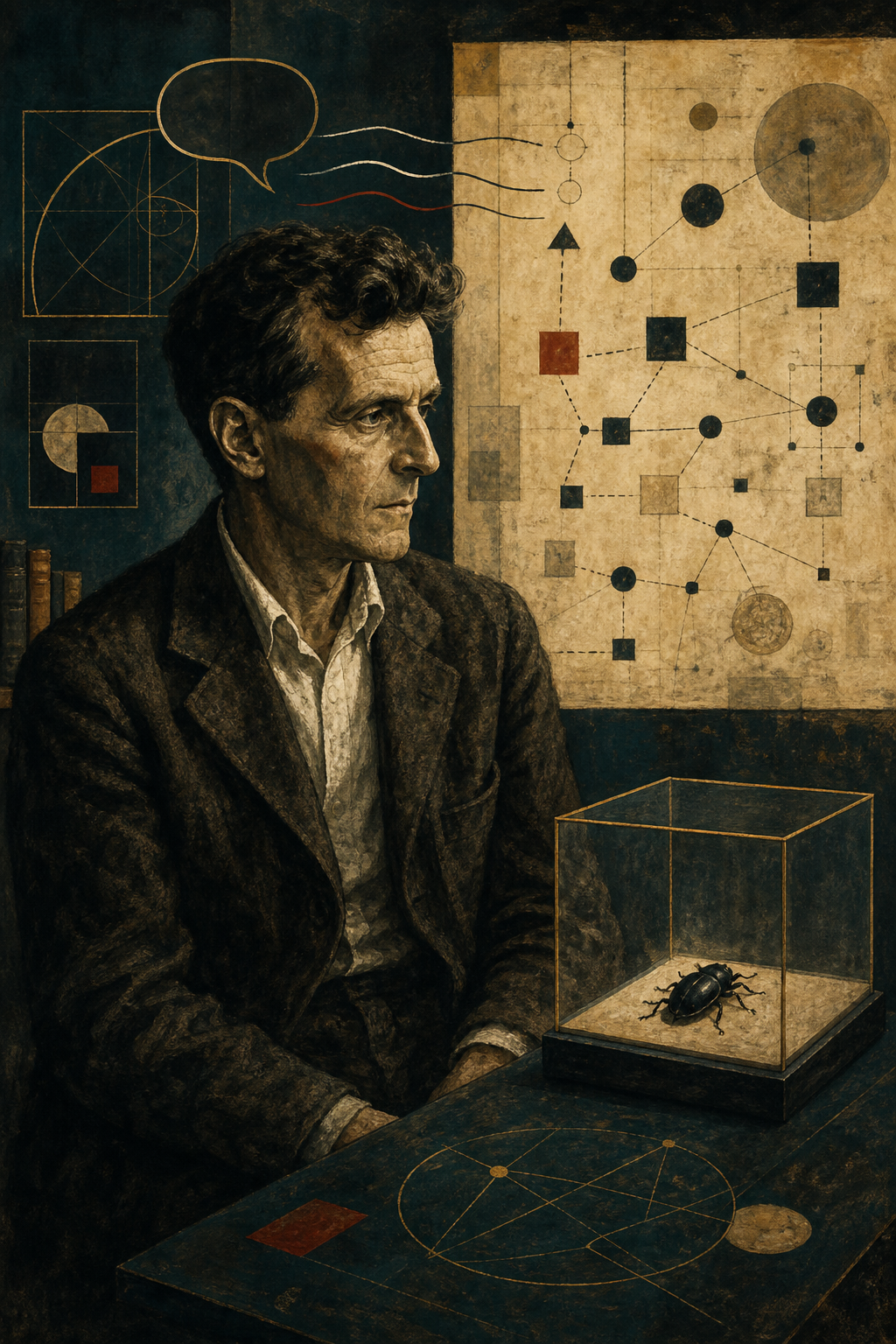 Stylized portrait of Ludwig Wittgenstein beside a beetle in a box and a public map of signs