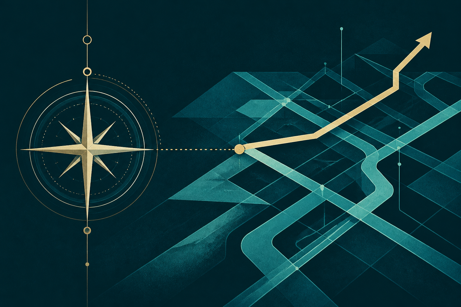 A cream-gold compass beside cyan paths, one of which visibly diverges