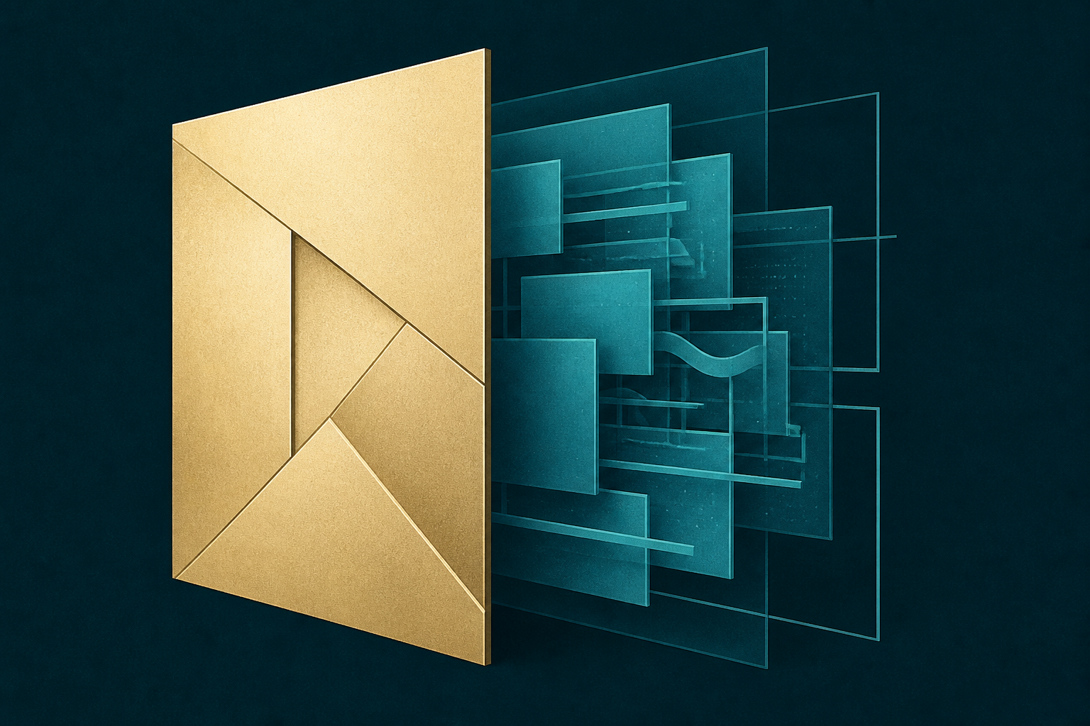 A cream-gold geometric facade offset from a layered cyan archive on a dark teal ground