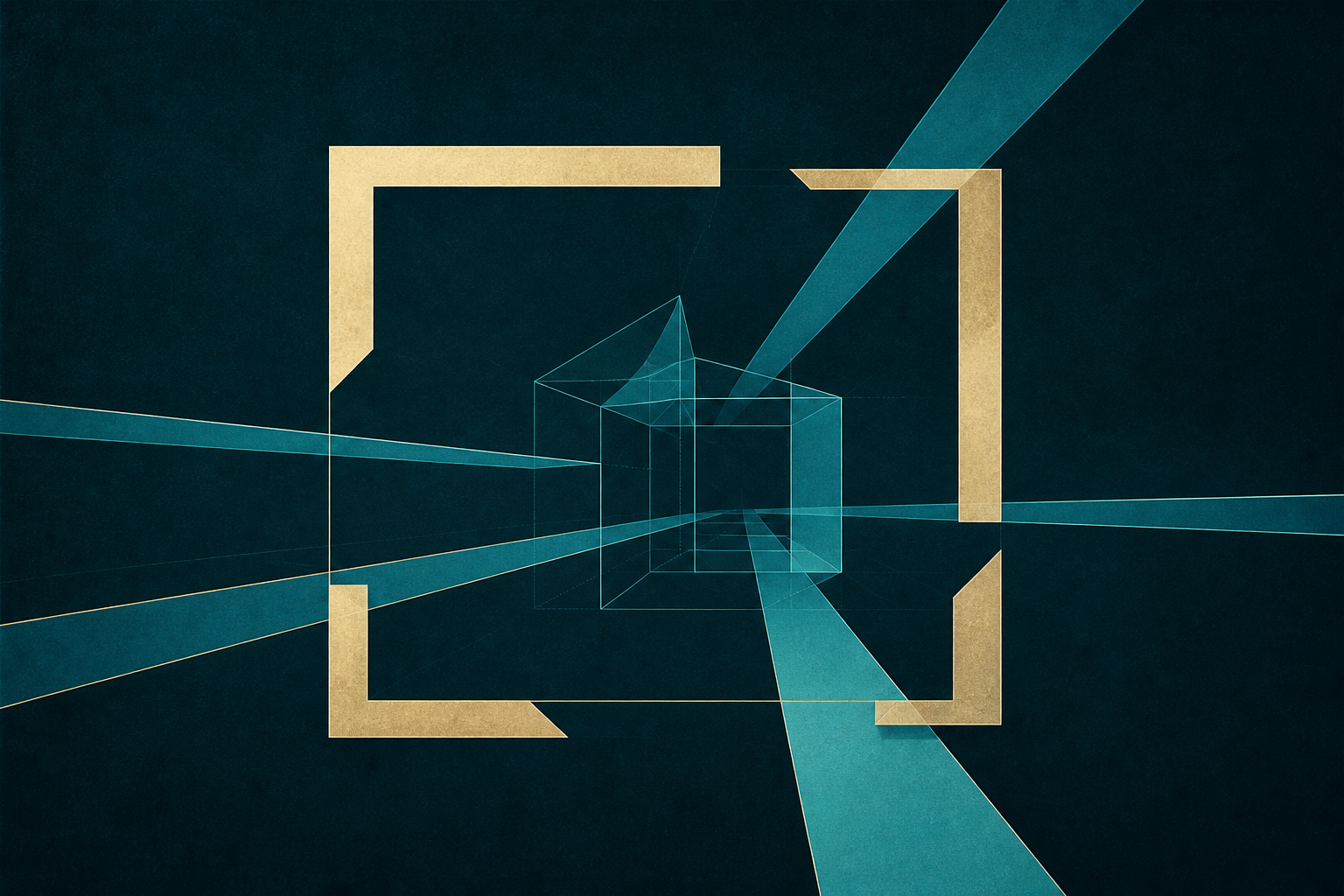 An open cream-gold frame around a partial cyan geometric model with paths continuing beyond it