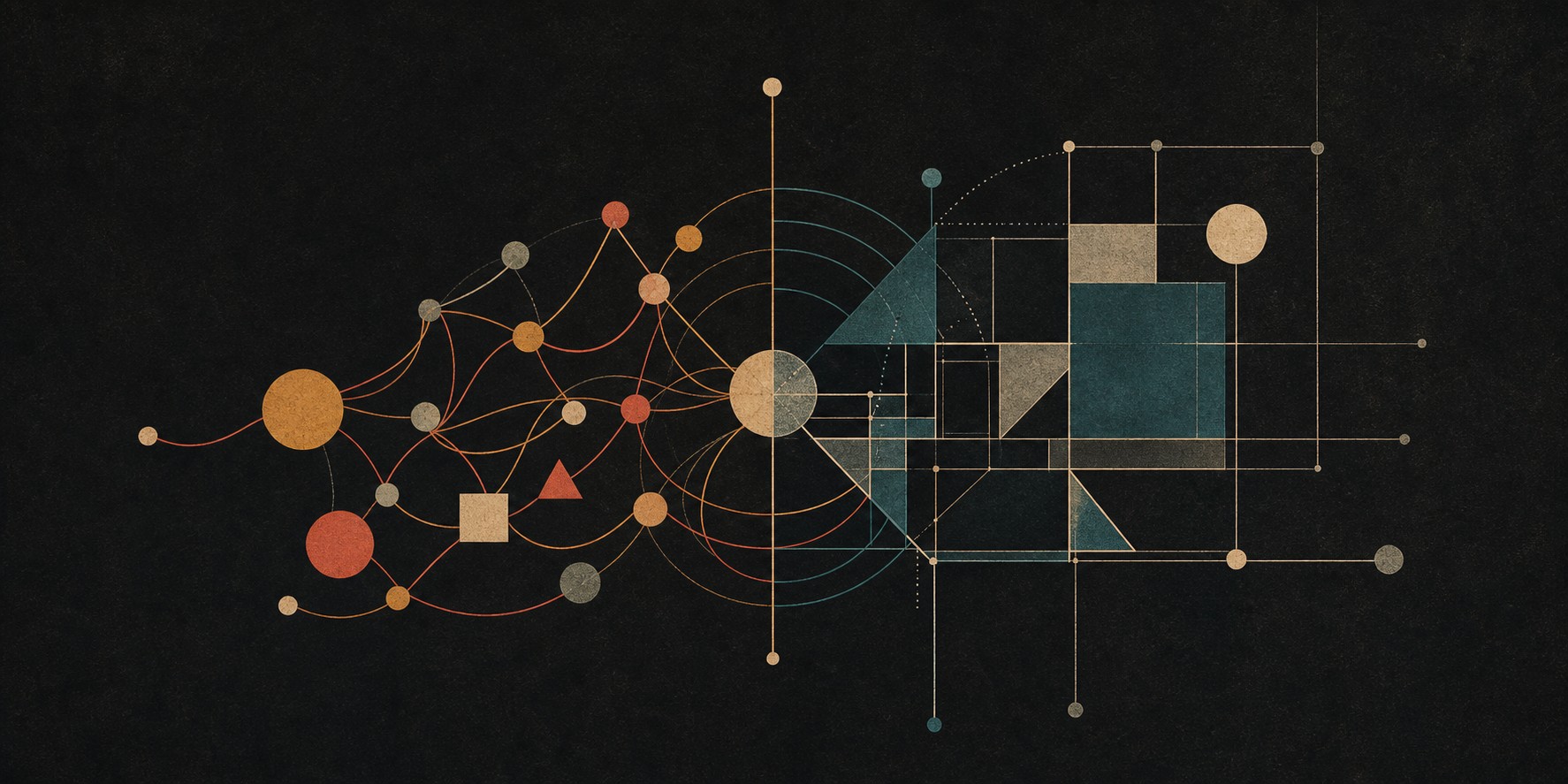 Warm relational pathways and a teal structural grid meeting in the centre