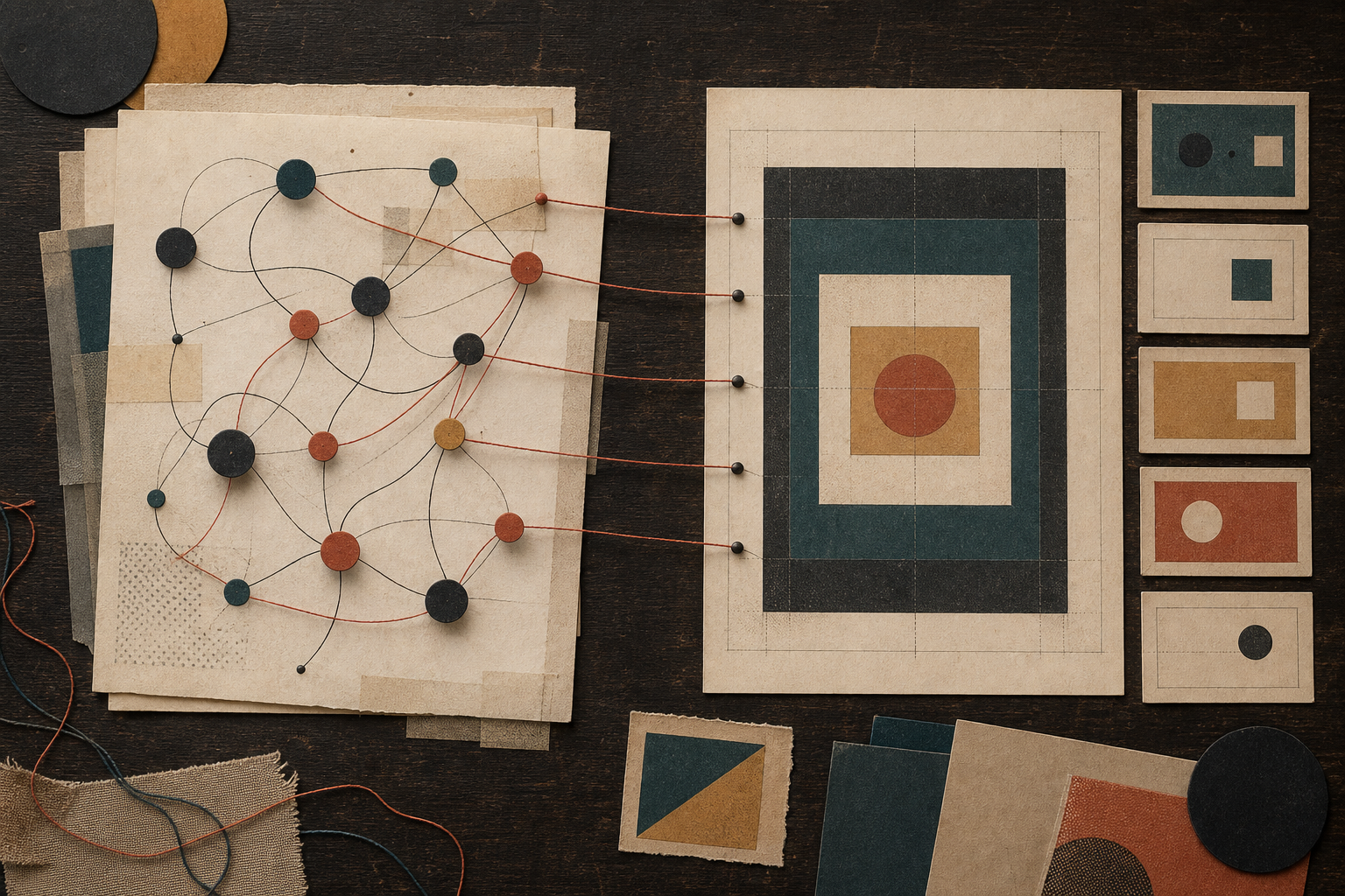 An editorial desk layout comparing a relational network of dots with a structured set of nested diagrams