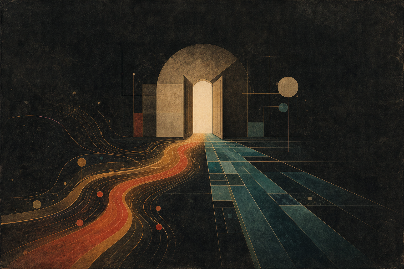 Two abstract pathways, one flowing and one geometric, arriving at a shared open doorway