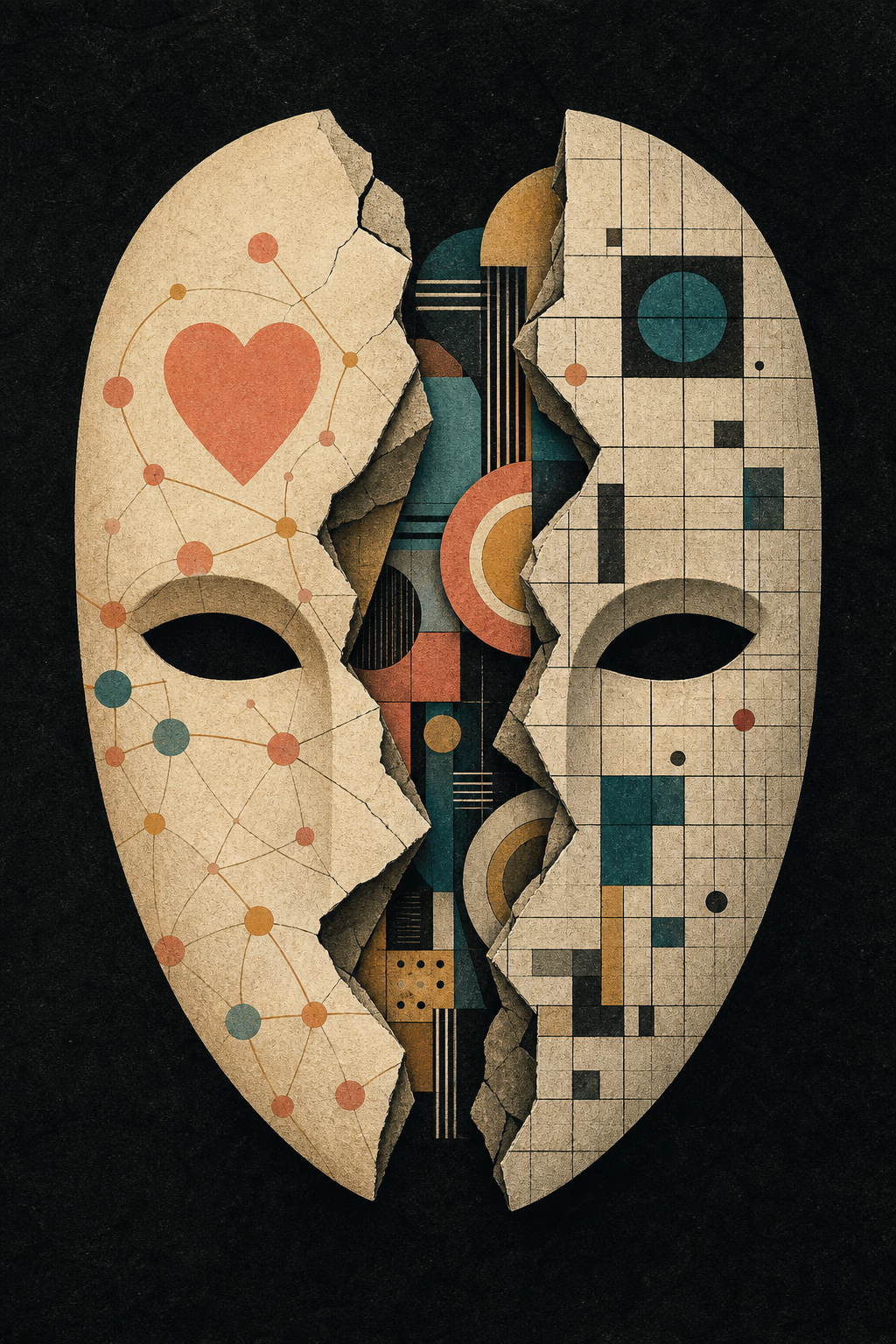 A cracked constructivist mask revealing relational pathways and structural grids beneath its simplified halves