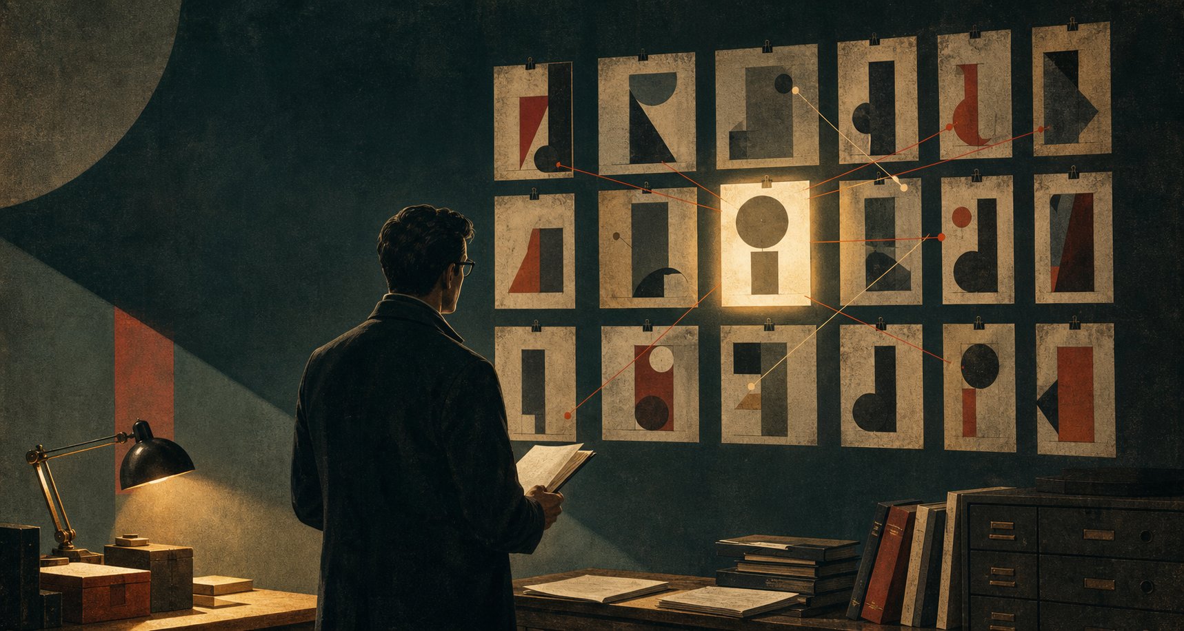 Reader comparing several possible type cards in a constructivist archive room