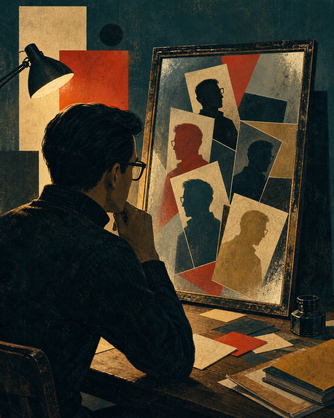 Constructivist illustration of a reader facing a mirror filled with several possible type silhouettes