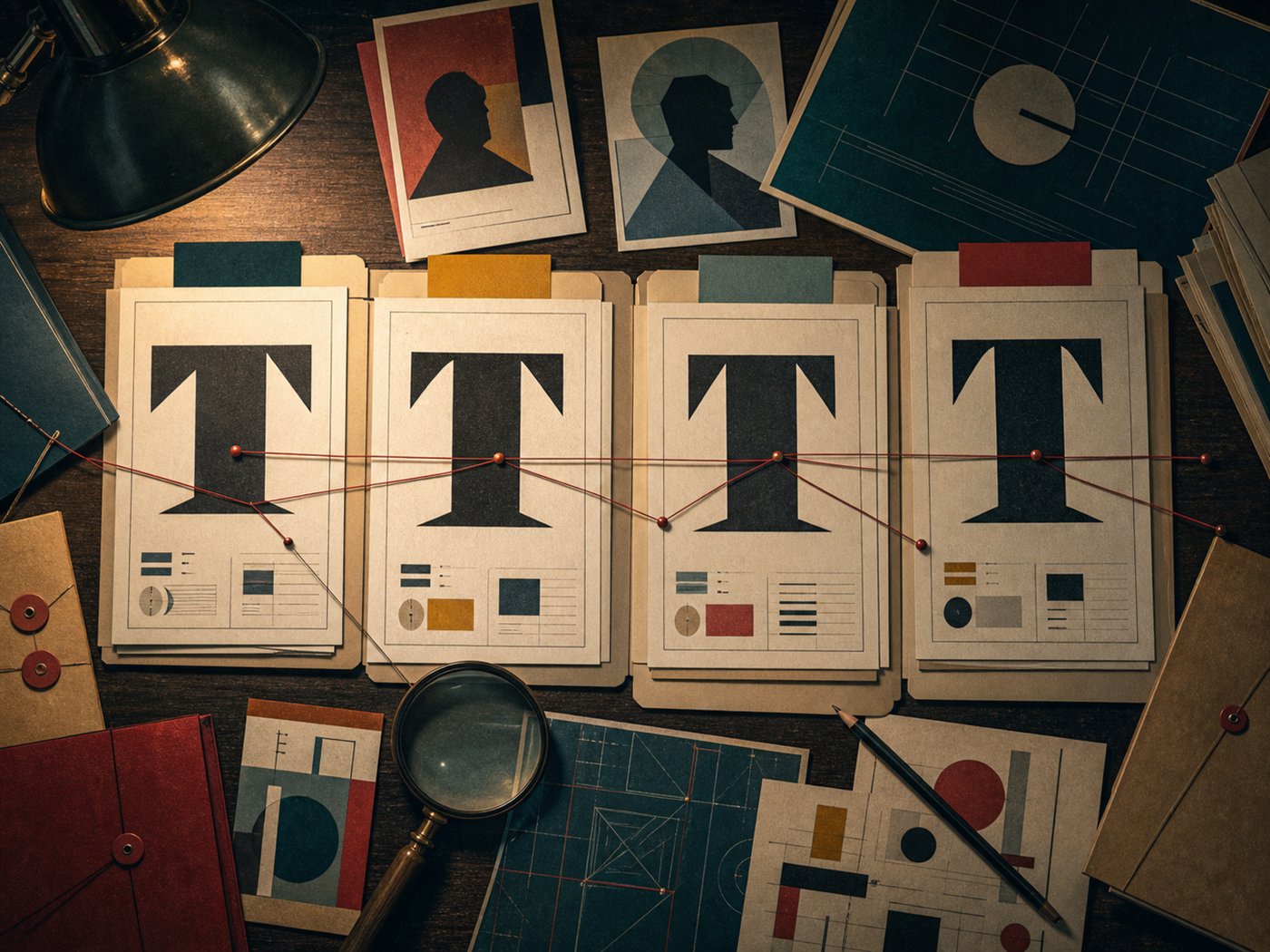 Constructivist desk scene with several abstract type case files connected by thread lines