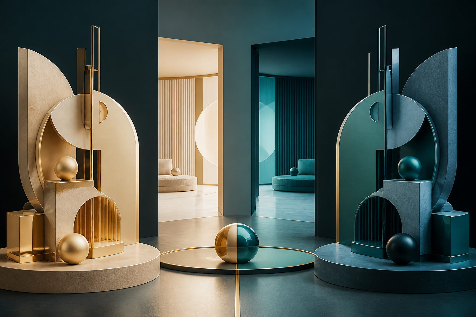 Separate cream-gold and cyan constructivist systems pause beside an open shared threshold