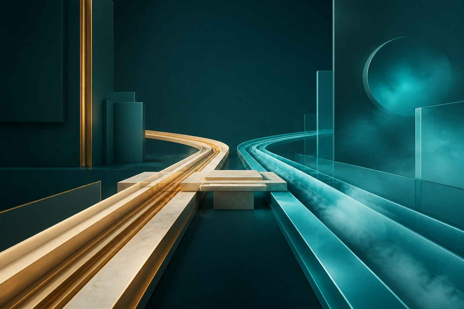 Cream-gold and cyan tracks travel side by side toward a small shared platform in a dark teal architectural space