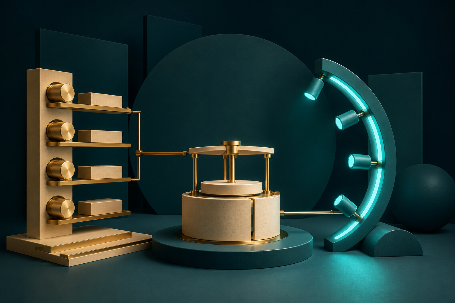 Cream-gold modular fixtures and cyan lights meet at a small shared platform on a dark teal field