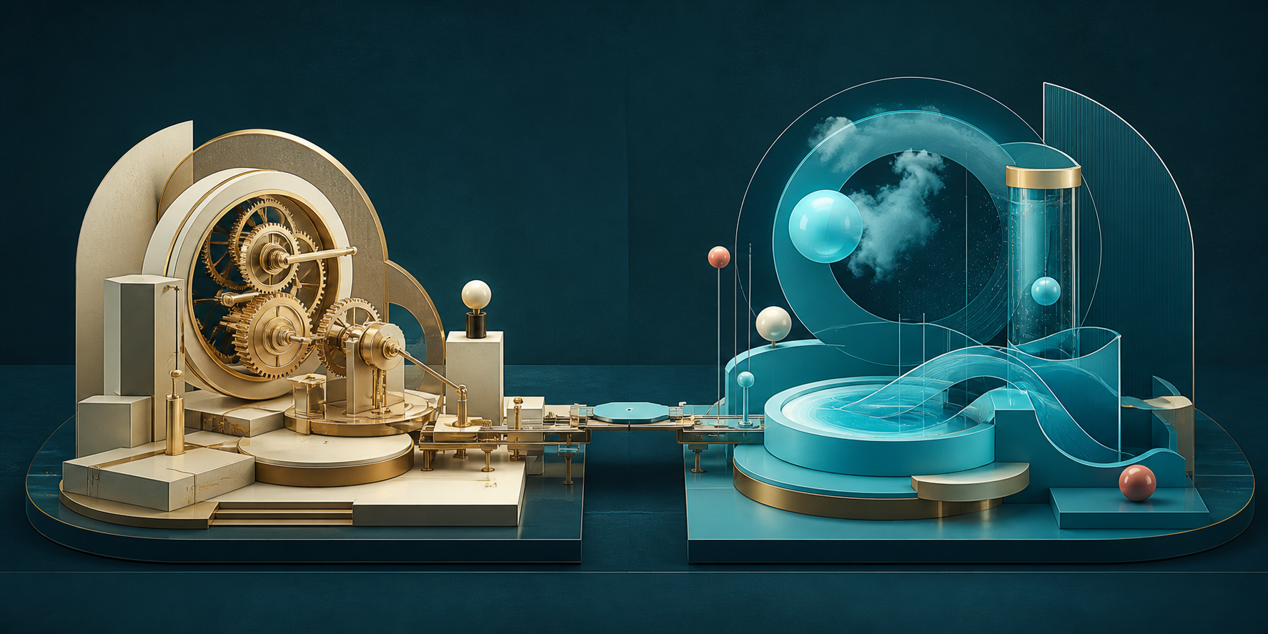 Cream-gold precision mechanics and a cyan flowing system coordinate across a dark teal shared work plane