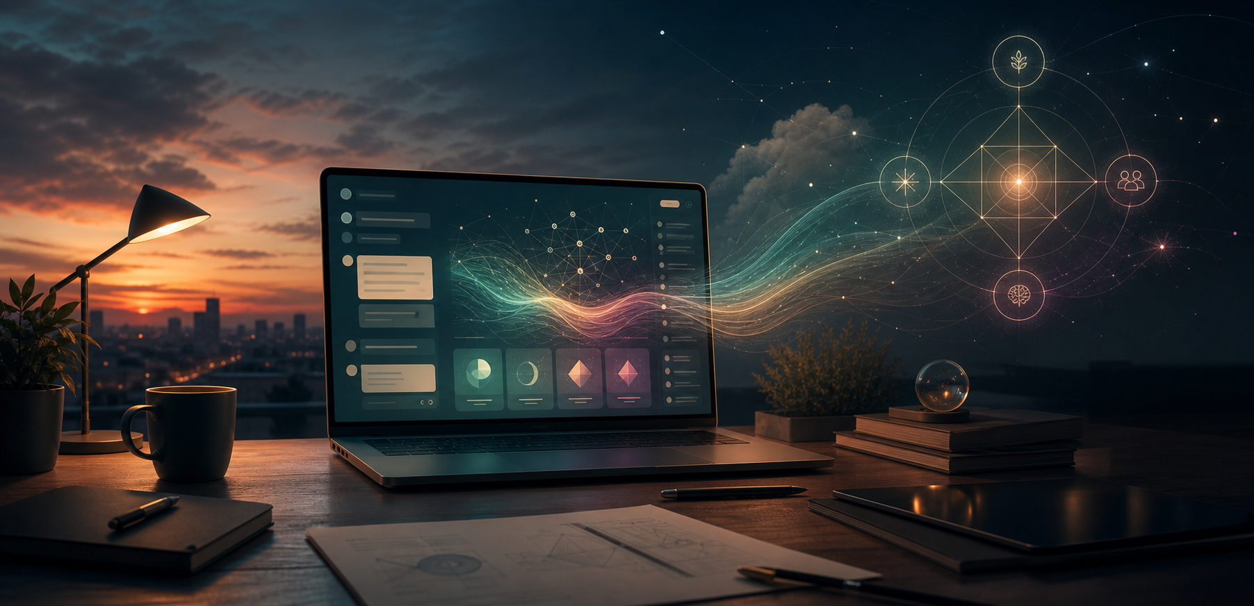 AI workspace with Model L geometry and luminous deployment pathways
