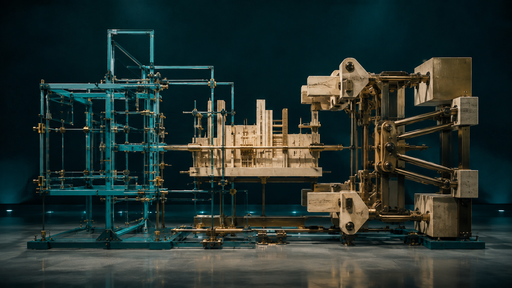 A cyan measuring lattice and cream-gold actuator meet around one civic model without sharing its joints
