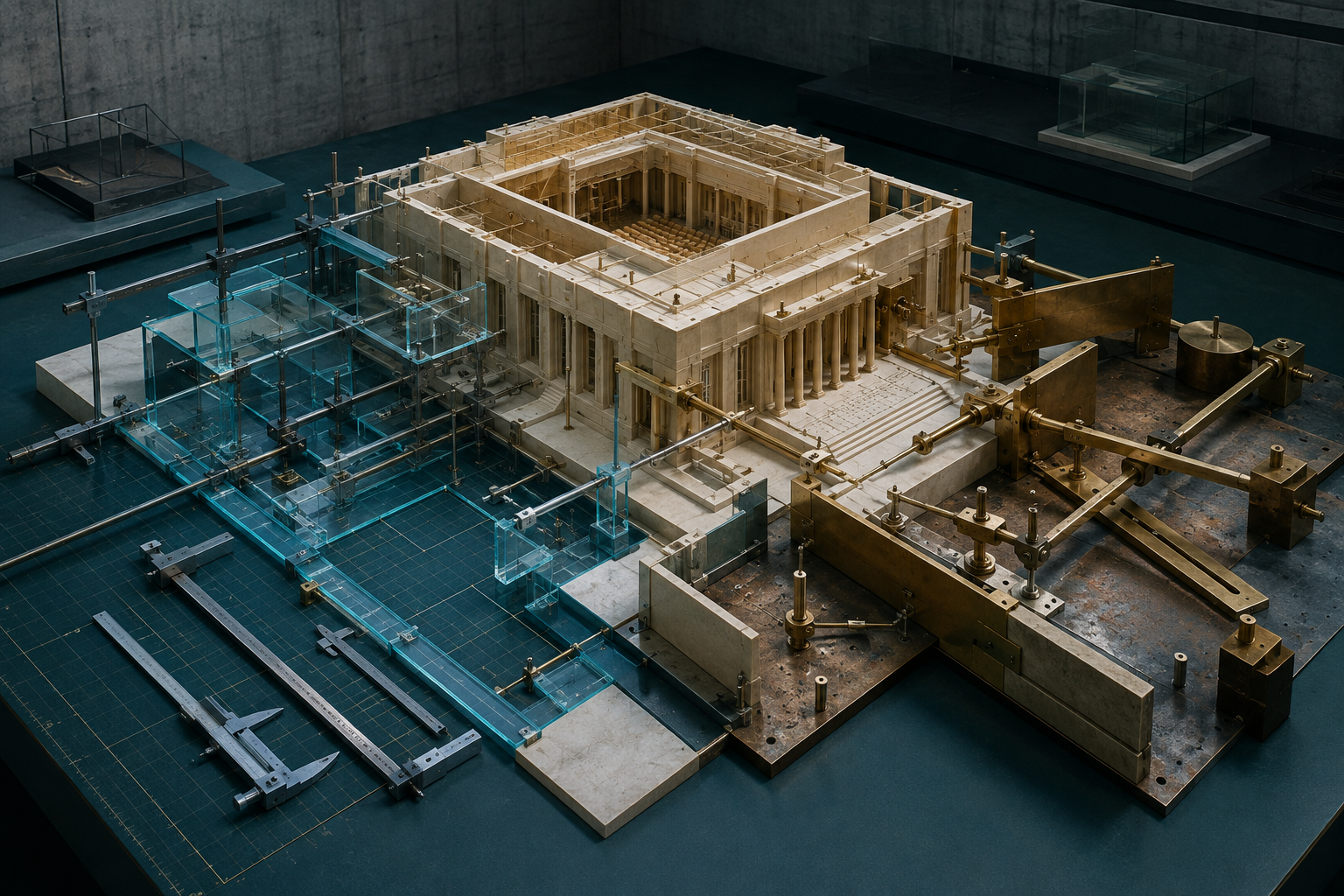 A cream-gold civic hall model is governed by a cyan measuring system and a separate brass control assembly