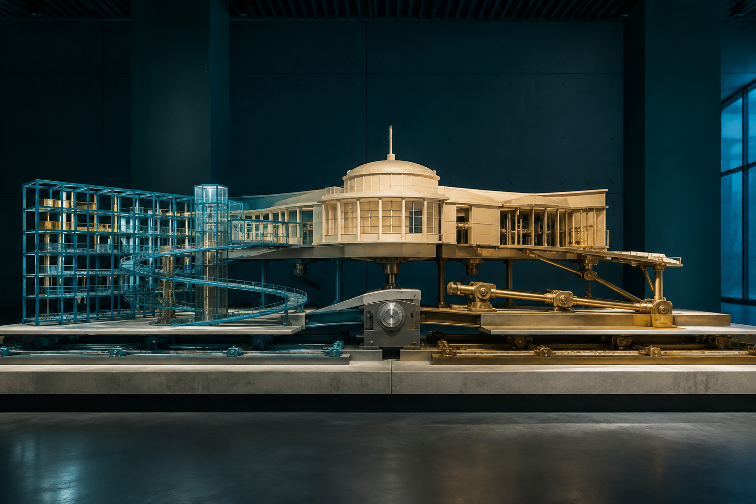 A civic model rests across separate cyan and cream-gold tracks joined by a neutral central hinge