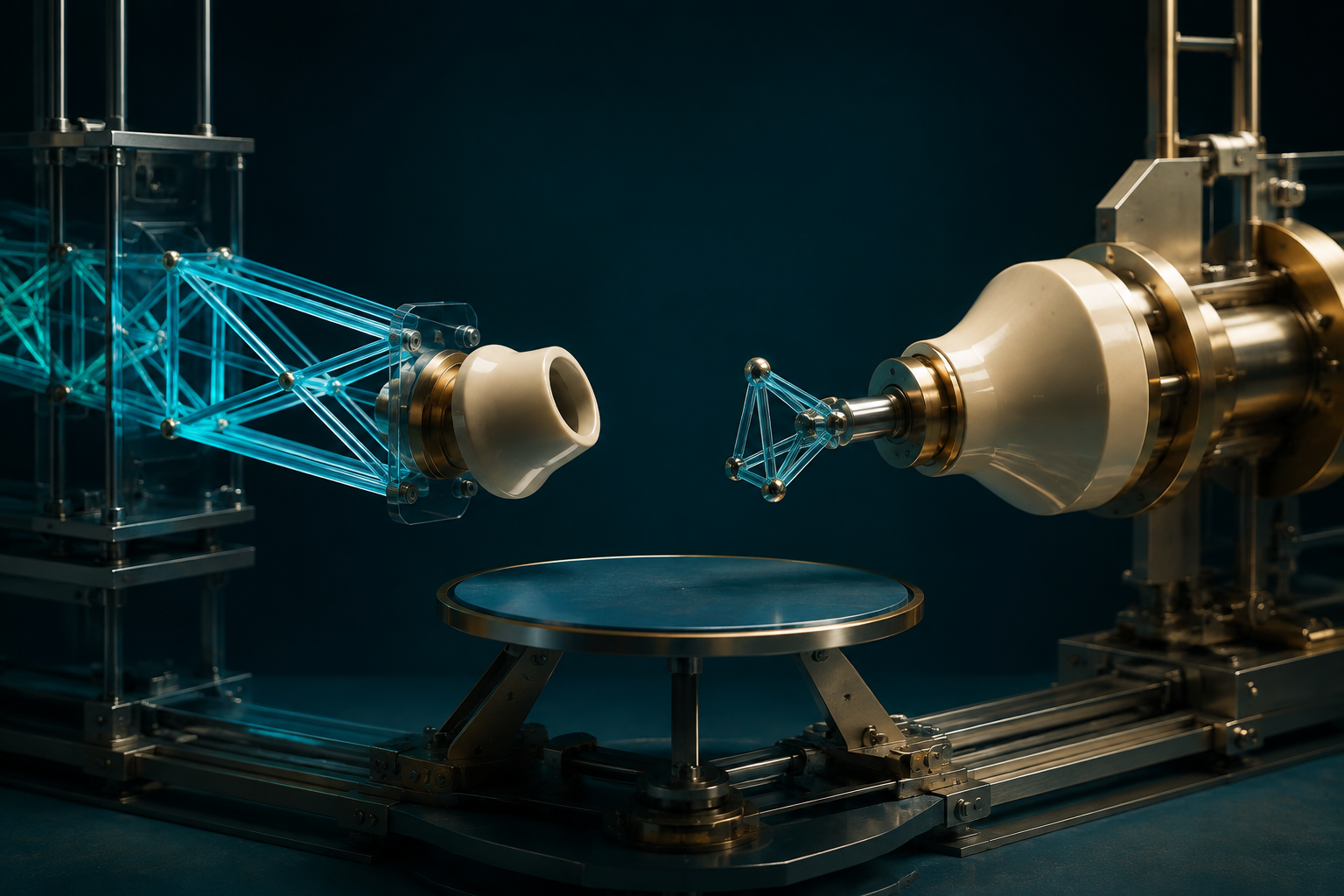 A cyan lattice and cream-gold actuator approach ceramic sockets turned away from their forms