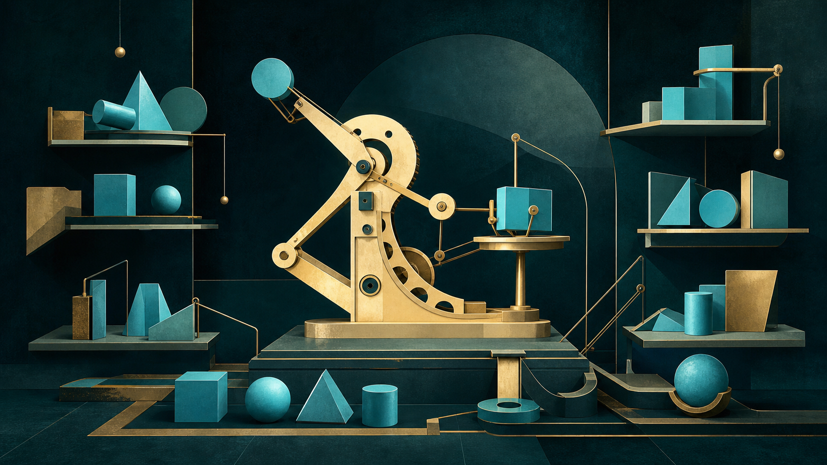 A cream-gold mechanical arm rearranging cyan geometric forms in a dark teal systems workshop