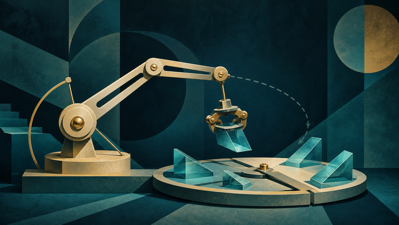 A cream-gold adjustable mechanical arm placing a cyan prism among several possible positions