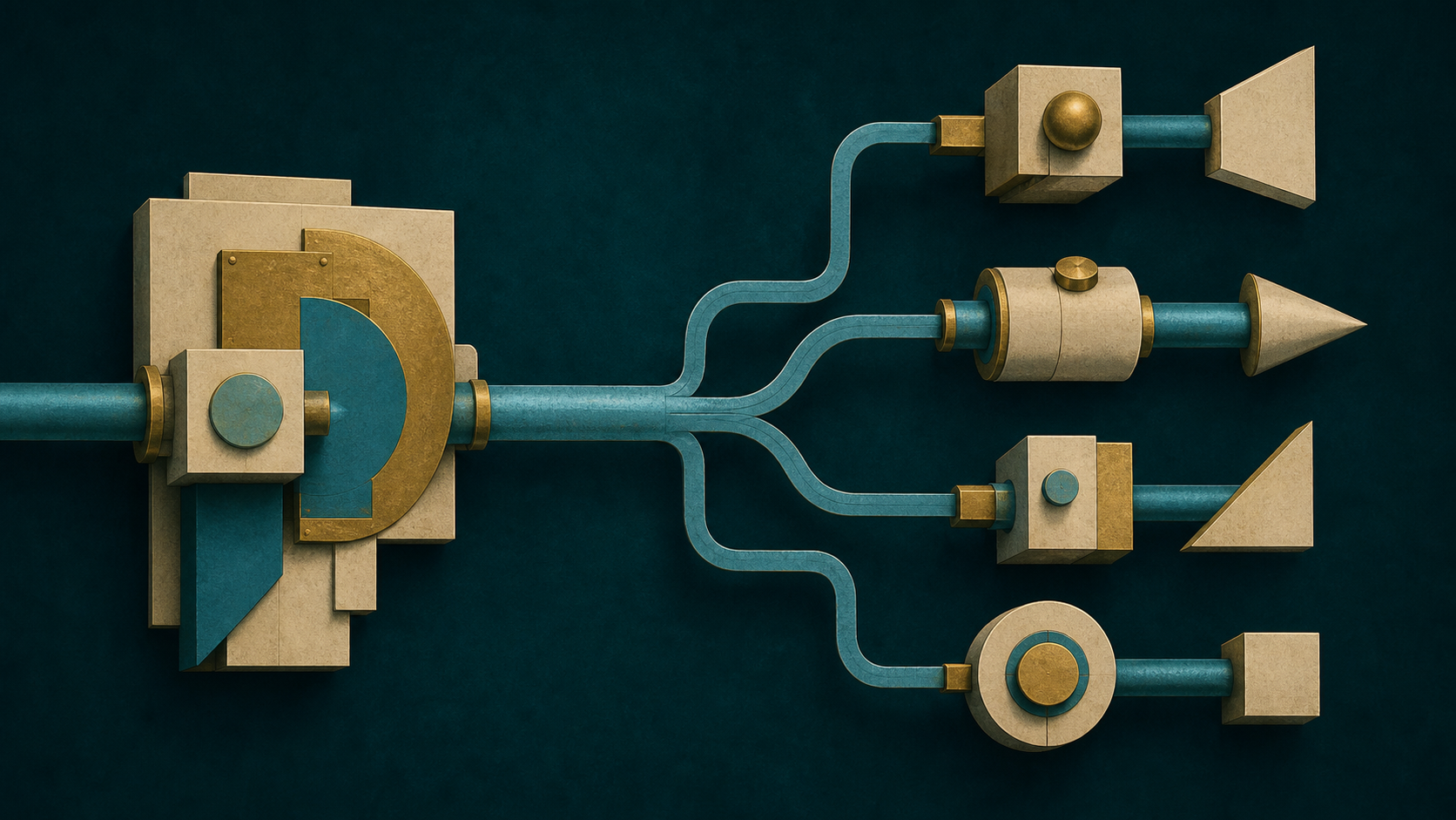 A cyan conduit branching through cream-gold modular components into several coherent outcomes