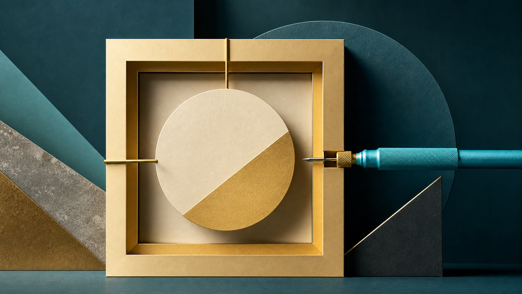 A cyan precision tool making a careful small adjustment to a cream-gold geometric framework