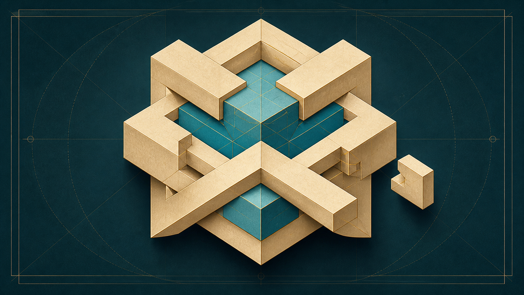 Cream-gold structural beams lock around a cyan geometric core on dark teal