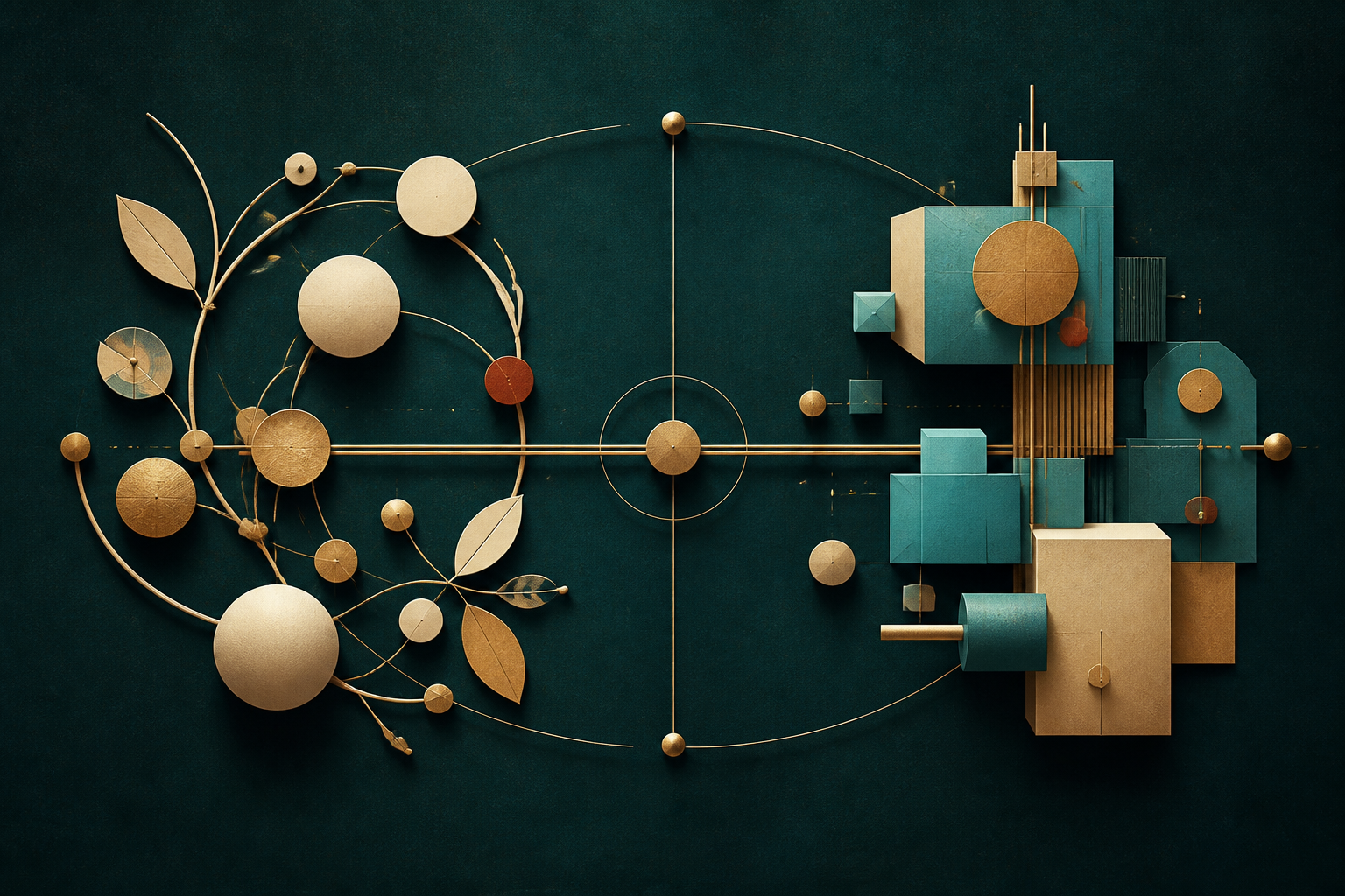 Cyan and cream-gold modular systems meet across a dark teal shared field