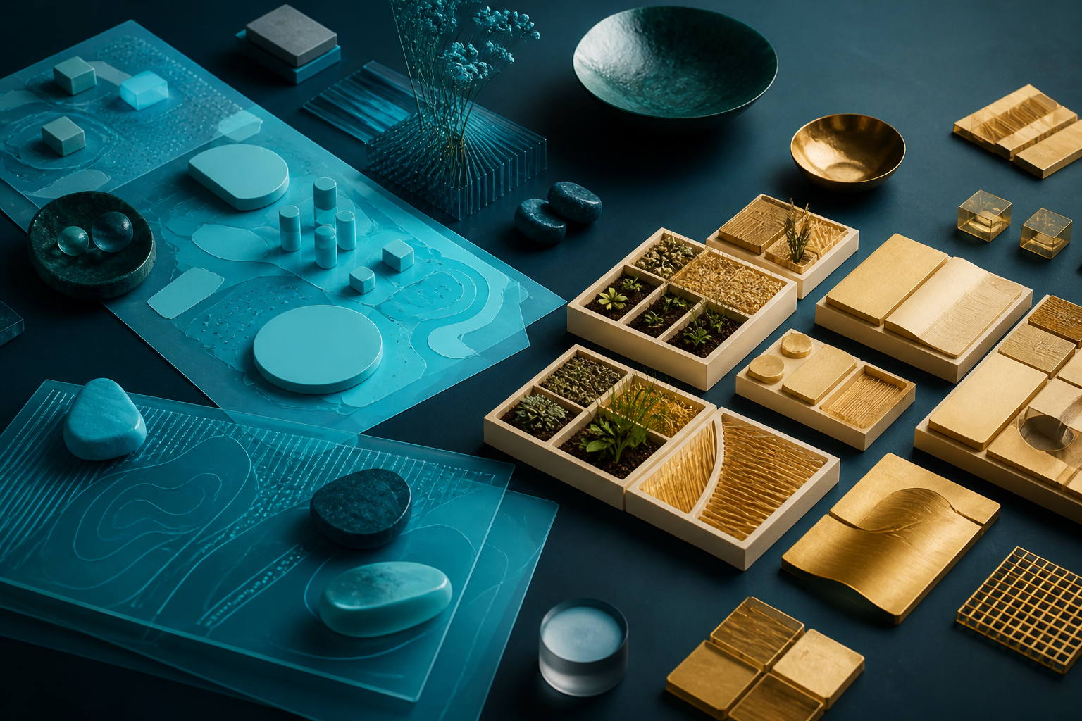 Cyan relational structures and cream-gold practical modules meet on a dark teal planning table