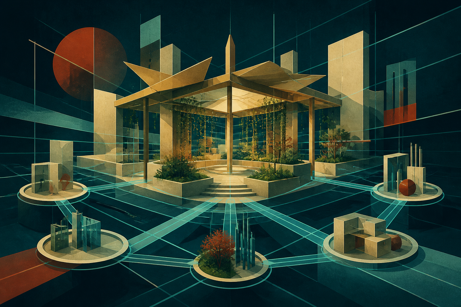 A cyan network and cream-gold infrastructure converge in an abstract shared pavilion on a dark teal field