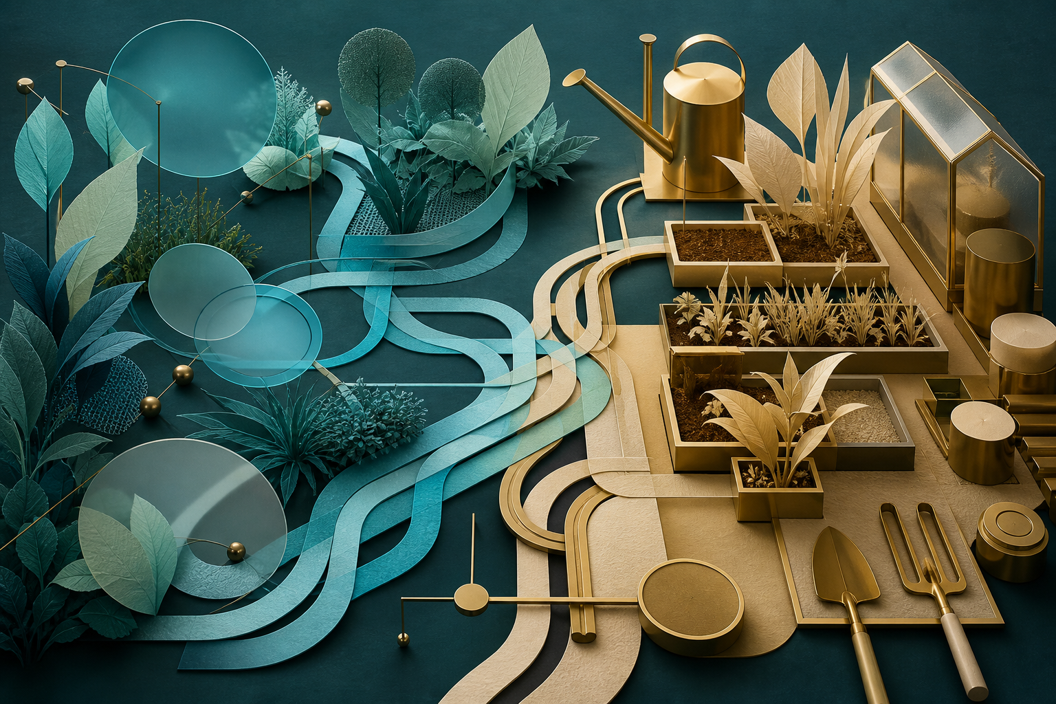 Cyan and cream-gold abstract garden mechanisms follow complementary paths across a dark teal field