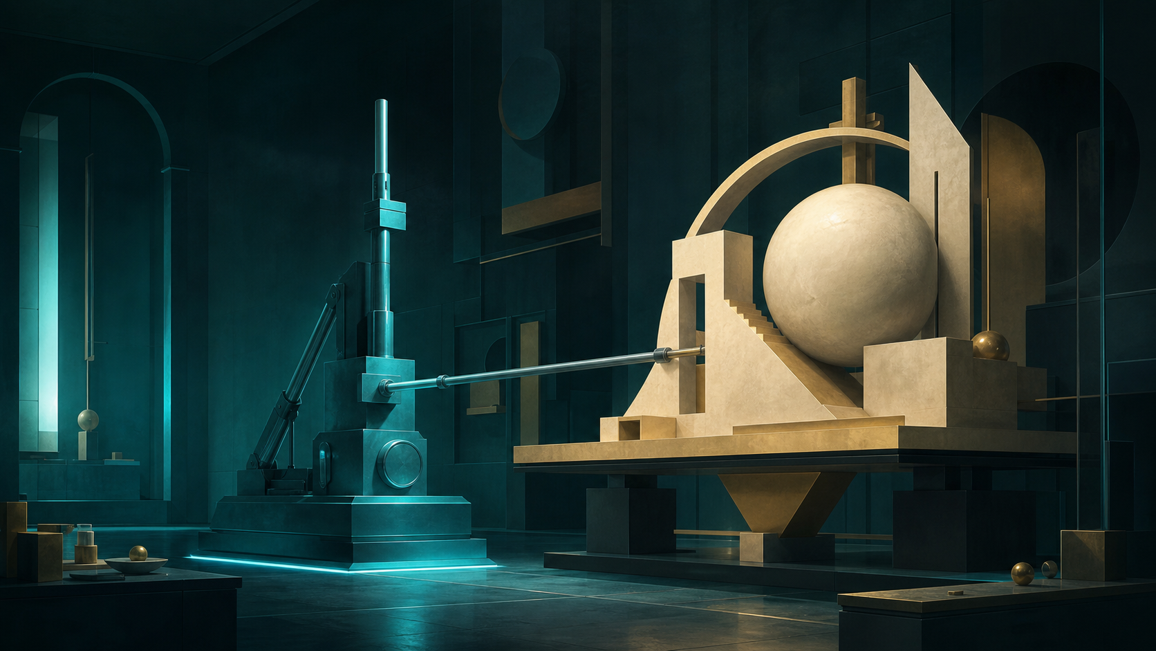 A quiet cyan mechanism stabilising a cream-gold structure in a dark teal workshop