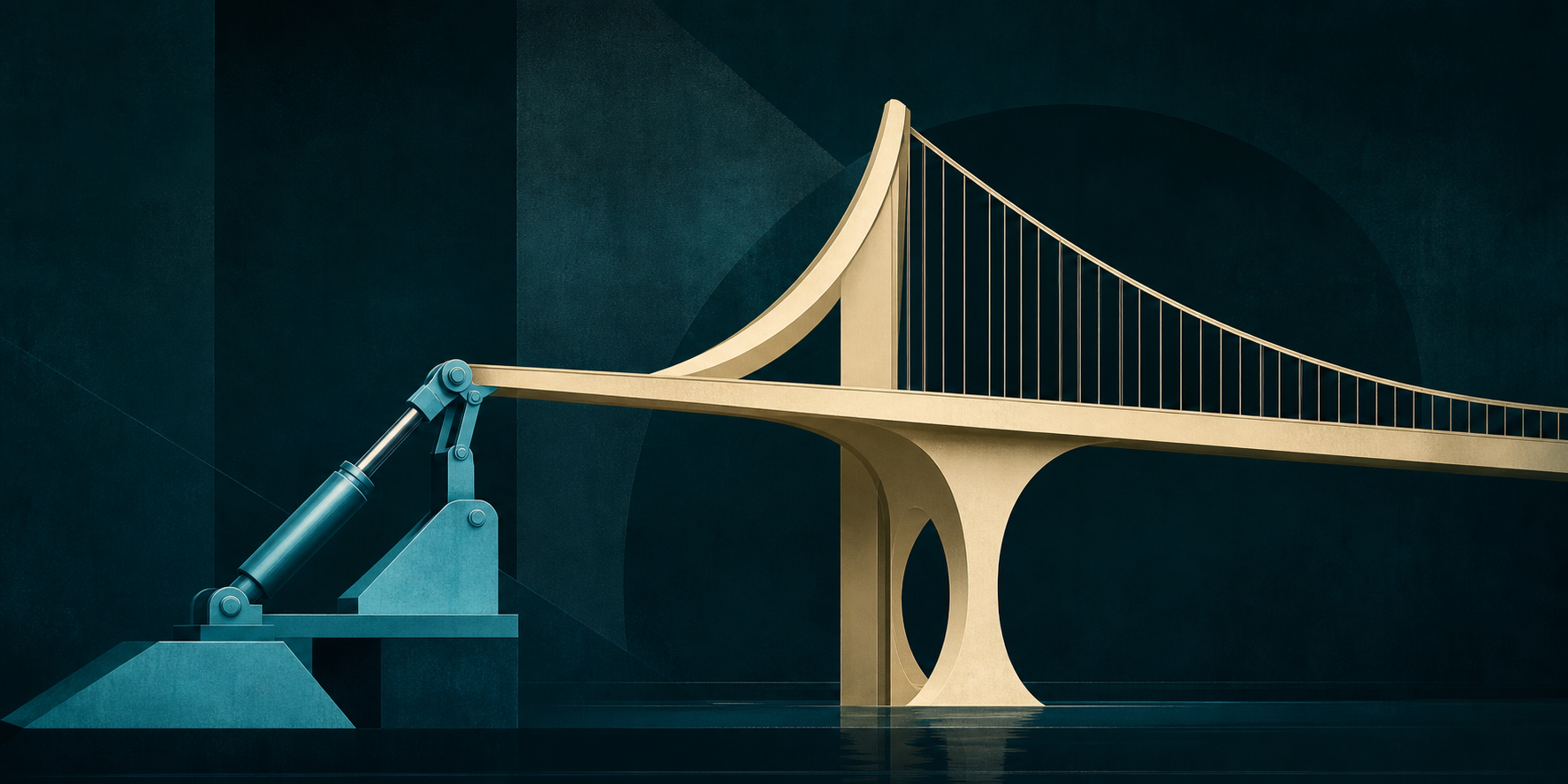A cyan support mechanism quietly holding a cream-gold bridge in a dark teal space