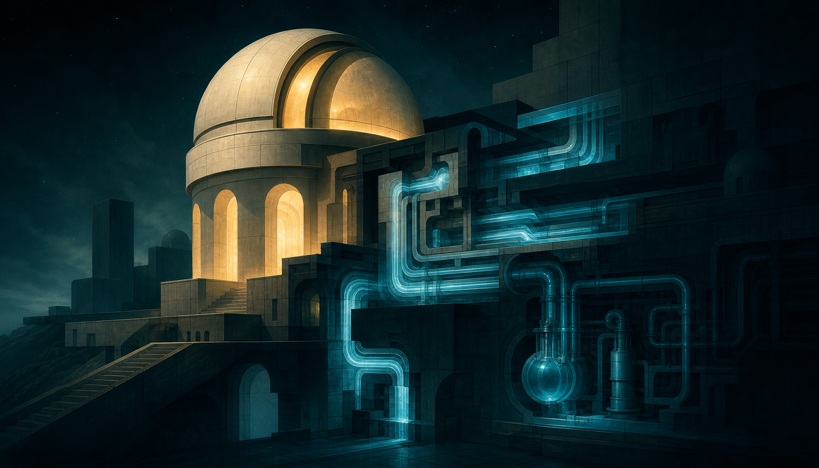A cream-gold observatory illuminated above a cyan hidden infrastructure system at night