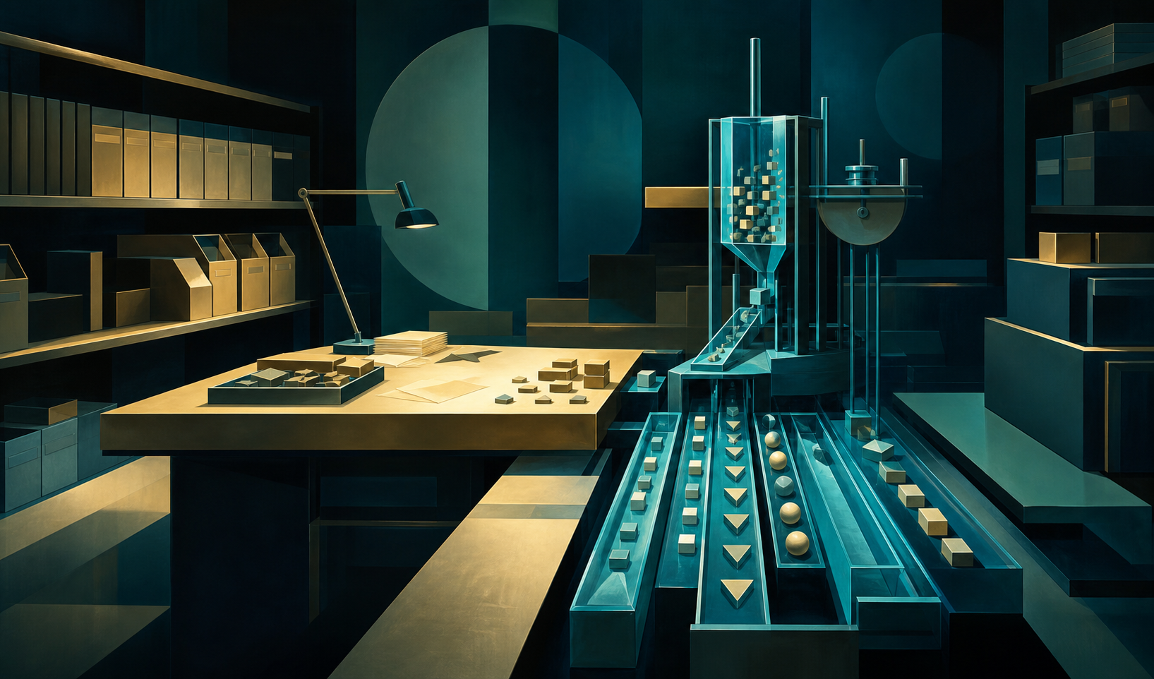 A cream-gold worktable beside a cyan sorting apparatus in a dark teal archive workshop