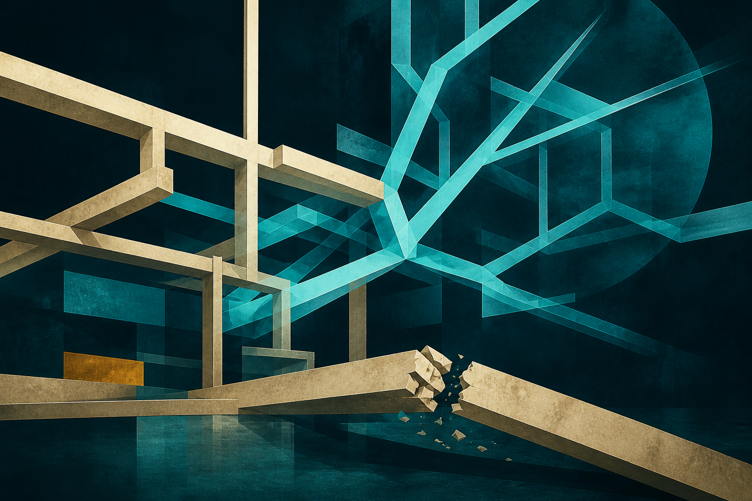 A cream-gold framework holds a cyan branching route above a broken abstract lance on dark teal