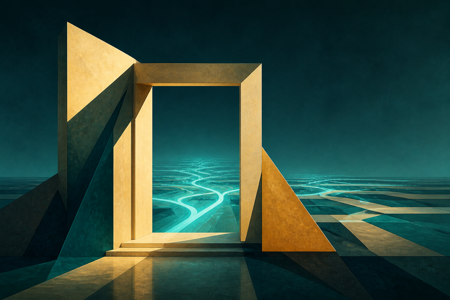 Cyan horizon lines open beyond a cream-gold geometric gate on a dark teal field